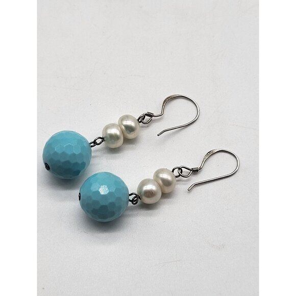 unbranded Jewelry - 925 Sterling Silver Pearl and Blue Faceted Bead Dangle Drop Earrings Dainty